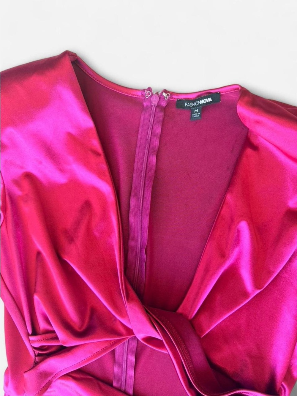 Fashion Nova Fuchsia Satin Long-Sleeve Wrap Mini Dress - Picture 3 of 7